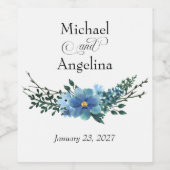 Blauwe Bloemen op Witte Bruiloft Wijn Etiket (Enkel label)