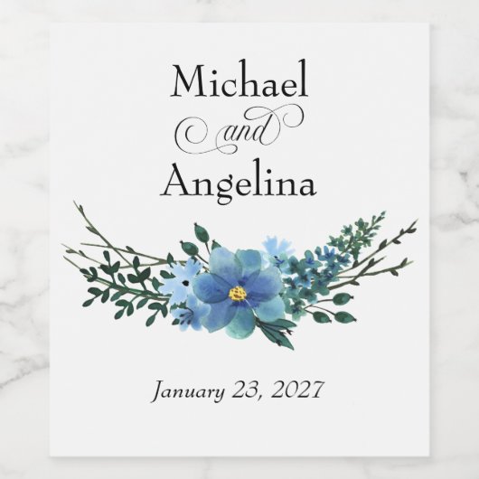 Blauwe Bloemen op Witte Bruiloft Wijn Etiket (Enkel label)