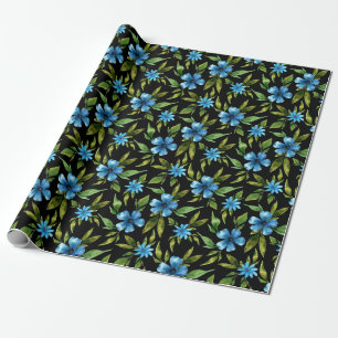 Blauwe Bloemen op Zwart Cadeaupapier