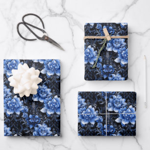 Blauwe Bloemen op Zwart Inpakpapier Vel