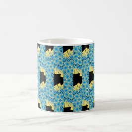 Blauwe bloemen op zwart met geel abstract koffiemok