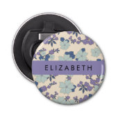 Blauwe bloemen, Paarse bloemen, Bloemen, Jouw naam Button Flesopener (Voorkant)