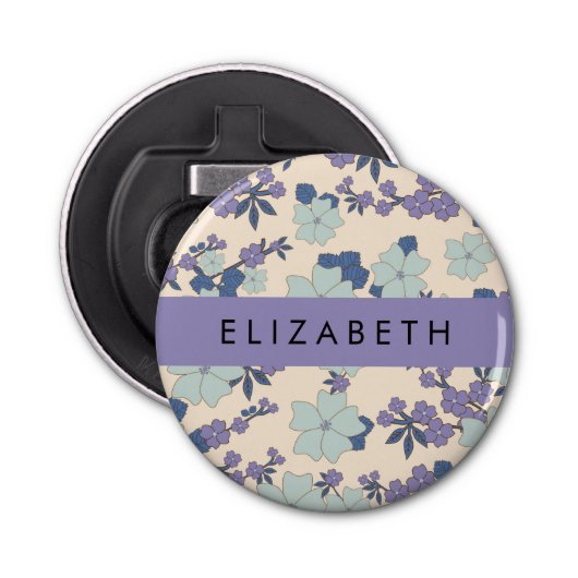 Blauwe bloemen, Paarse bloemen, Bloemen, Jouw naam Button Flesopener (Voorkant)