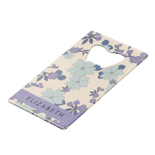 Blauwe bloemen, Paarse bloemen, Bloemen, Jouw naam Creditkaart Flessenopener (Voorkant Gekanteld)