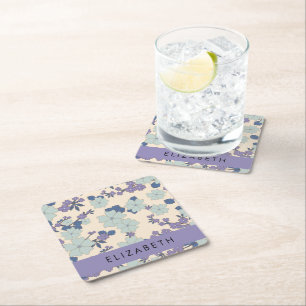 Blauwe bloemen, Paarse bloemen, Bloemen, Jouw naam Kartonnen Onderzetters