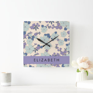 Blauwe bloemen, Paarse bloemen, Bloemen, Jouw naam Vierkante Klok