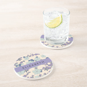 Blauwe bloemen, Paarse bloemen, Bloemen, Jouw naam Zandsteen Onderzetter