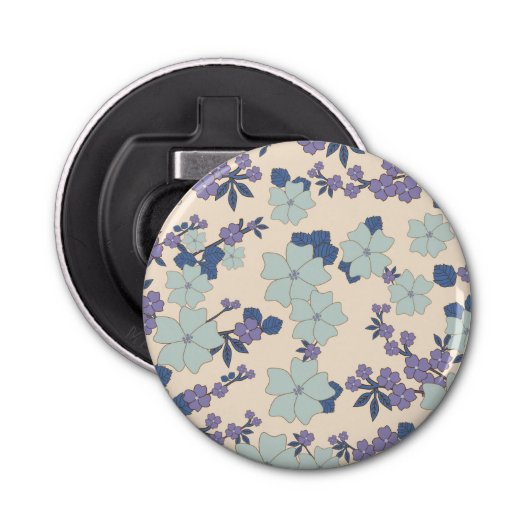 Blauwe bloemen, paarse bloemen, Floral Pattern Button Flesopener (Voorkant)