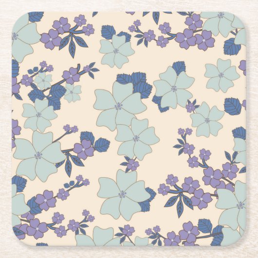 Blauwe bloemen, paarse bloemen, Floral Pattern Kartonnen Onderzetters (Voorkant)