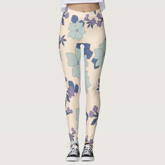 Blauwe bloemen, paarse bloemen, Floral Pattern Leggings (Voorkant)