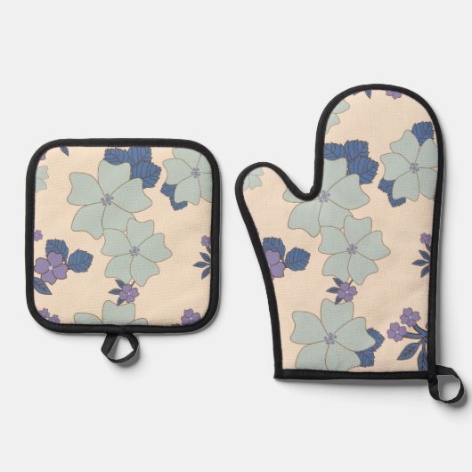 Blauwe bloemen, paarse bloemen, Floral Pattern Ovenwant & Pannenlap Set (Voorkant)