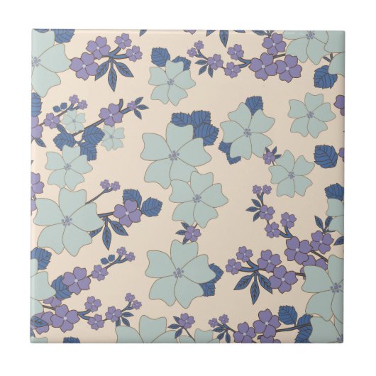 Blauwe bloemen, paarse bloemen, Floral Pattern Tegeltje (Voorkant)