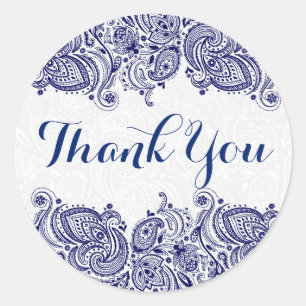 Blauwe Bloemen Paisley Witte Achtergrond Ronde Sticker