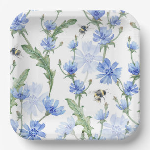 Blauwe Bloemen Papieren Borden, Botanische Bij Fee Bordje