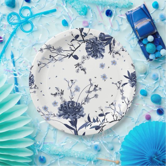 Blauwe bloemen papieren bordje (Feest)