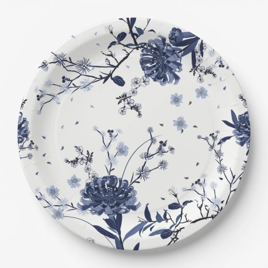 Blauwe bloemen papieren bordje (Voorkant)