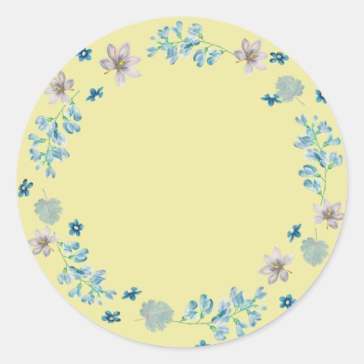 Blauwe Bloemen, pastelgele achtergrond, Ronde Sticker (Voorkant)