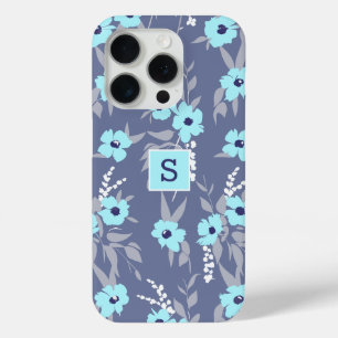  Blauwe Bloemen Patroon Monogram / Initiaal iPhone 15 Pro Case