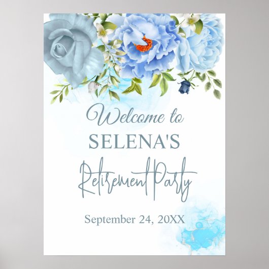 Blauwe bloemen Pensioenfeest Welkomstbord Poster (Voorkant)