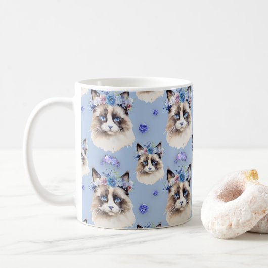 Blauwe Bloemen Perzische Katten Koffiemok (Met donut)