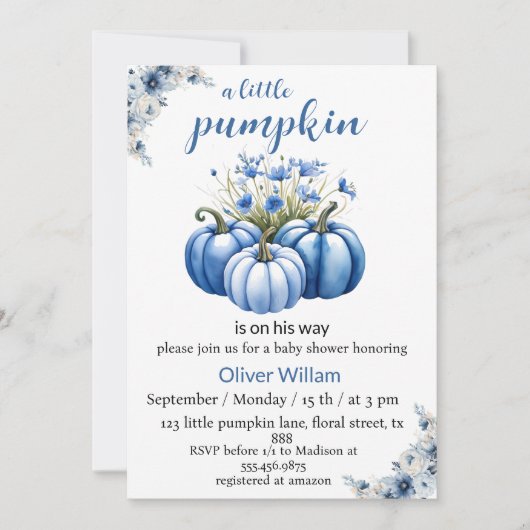 Blauwe Bloemen Pompoen Baby Boy Shower Kaart (Voorkant)