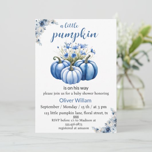 Blauwe Bloemen Pompoen Baby Boy Shower Kaart (Staand voorkant)