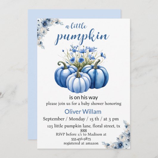 Blauwe Bloemen Pompoen Baby Boy Shower Kaart (Voorkant / Achterkant)