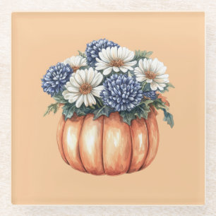 Blauwe Bloemen Pompoen Herfst Glazen Onderzetter