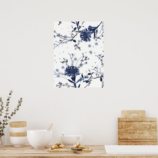 Blauwe bloemen poster (Keuken)