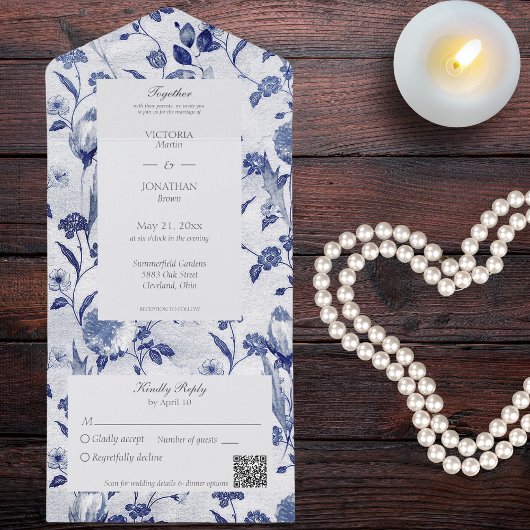 Blauwe Bloemen QR Code All In One Uitnodiging