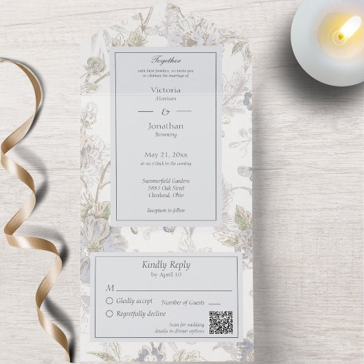 Blauwe Bloemen QR Code All In One Uitnodiging