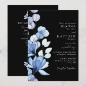 Blauwe Bloemen QR Code Zwart-Witte Trouwdag Kaart (Voorkant / Achterkant)