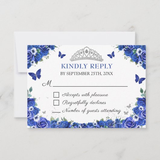 Blauwe Bloemen Quinceañera Vlinders RSVP Kaart (Voorkant)