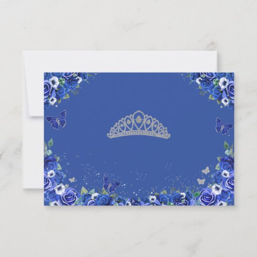 Blauwe Bloemen Quinceañera Vlinders RSVP Kaart (Achterkant)
