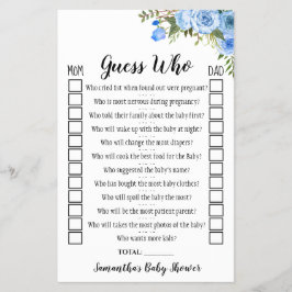 Blauwe bloemen raden wie Baby shower game Kaart is