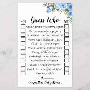 Blauwe bloemen raden wie Baby shower game Kaart is