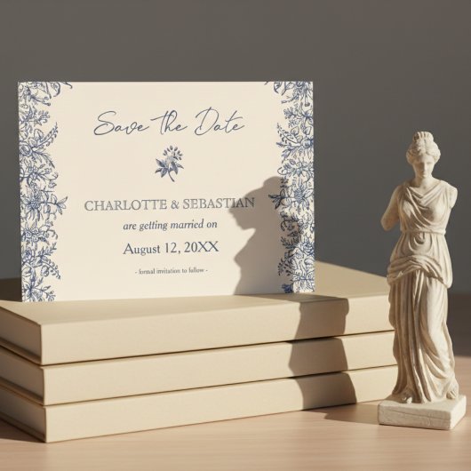 Blauwe bloemen rand vintage bruiloft save the date