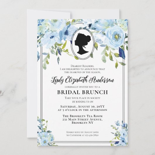 Blauwe Bloemen Regency Bruids Brunch Kaart (Voorkant)