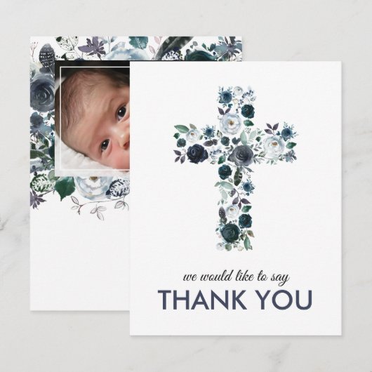 Blauwe Bloemen Religieuze Kruis Foto Bedankkaart (Voorkant / Achterkant)