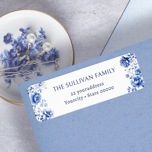 Blauwe bloemen retour adreslabel etiket