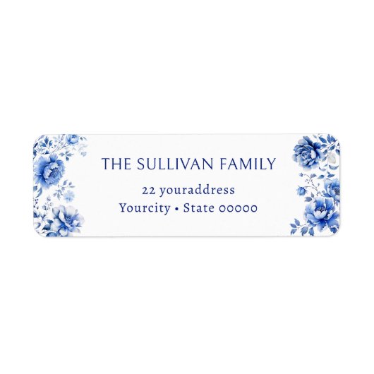 Blauwe bloemen retour adreslabel etiket (Voorkant)