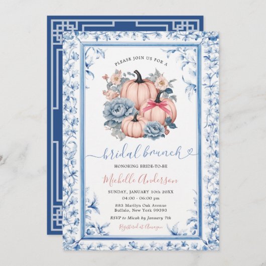 Blauwe Bloemen Roze Pompoen Chinoiserie Bruids Bru Kaart (Voorkant / Achterkant)