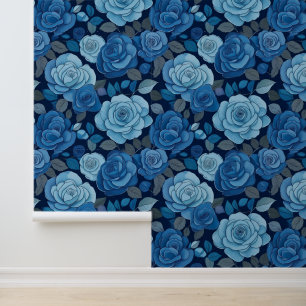 Blauwe bloemen Rozen Behang