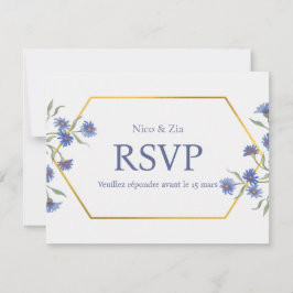 Blauwe Bloemen RSVP Kaart – Elegante Gouden Geomet