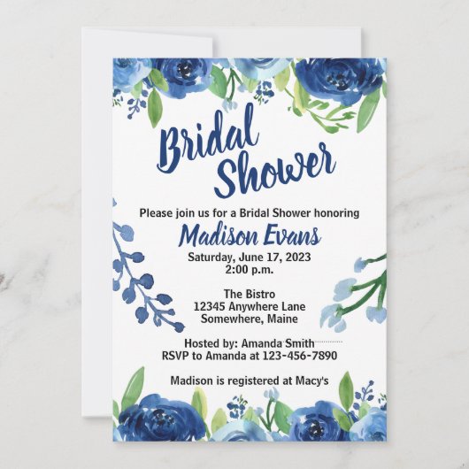 Blauwe Bloemen Rustieke Bruids Douche Uitnodiginge Kaart (Voorkant)