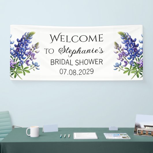 Blauwe Bloemen Rustieke Bruiloft Feest Spandoek (Beurs)