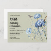 Blauwe Bloemen Salie Groene Vrouwen 100ste Verjaar Uitnodiging Briefkaart (Voorkant / Achterkant)