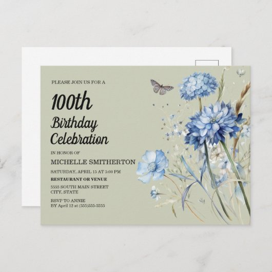 Blauwe Bloemen Salie Groene Vrouwen 100ste Verjaar Uitnodiging Briefkaart (Voorkant / Achterkant)