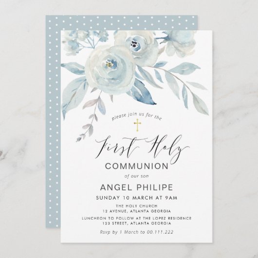 Blauwe bloemen script eerst heilige communie kaart (Voorkant / Achterkant)