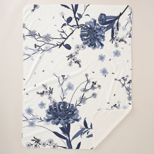 Blauwe bloemen sherpa deken (Voorkant)
